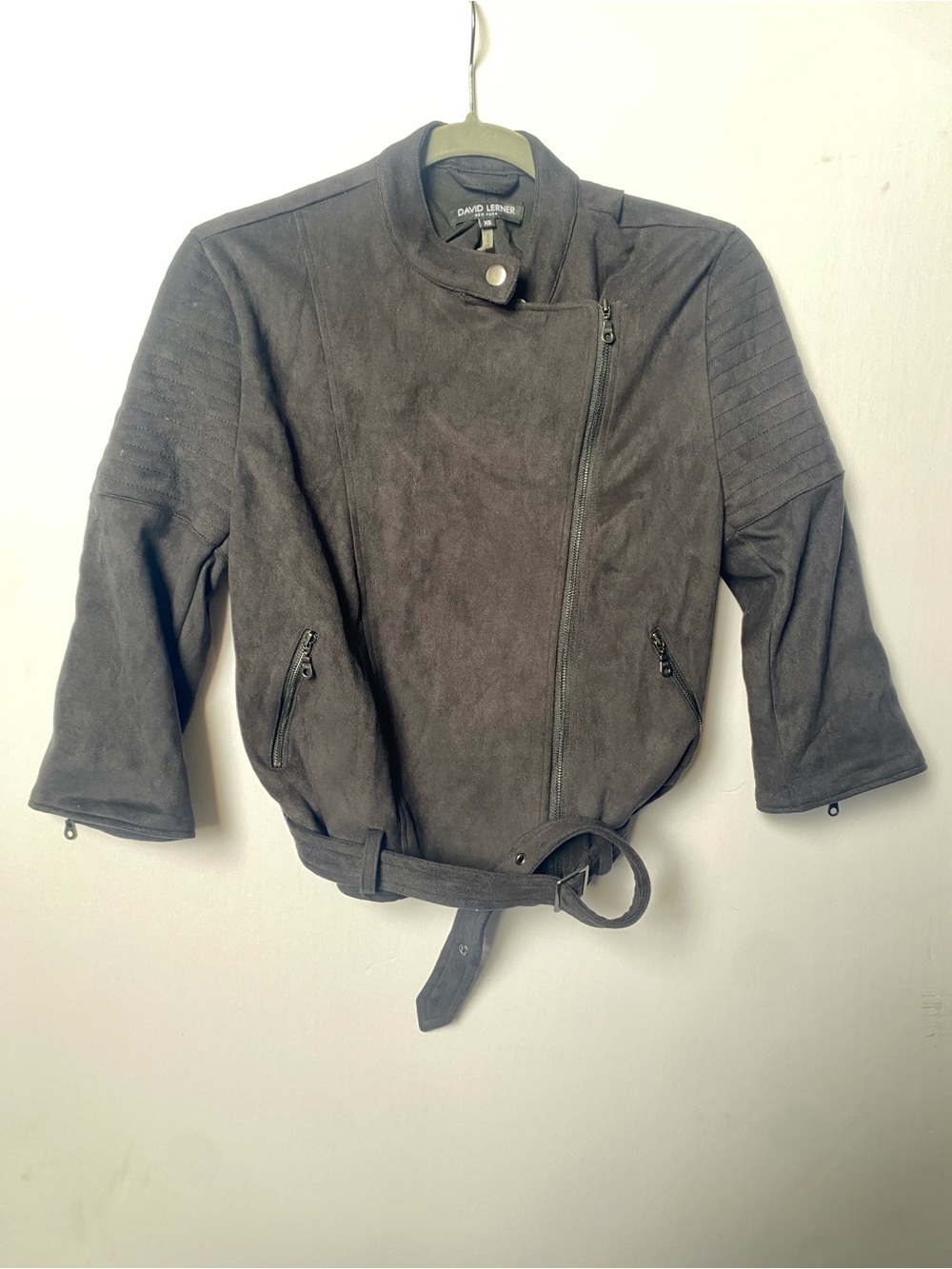 David Lerner Charcoal Suede Moto Jacket with Belt XS